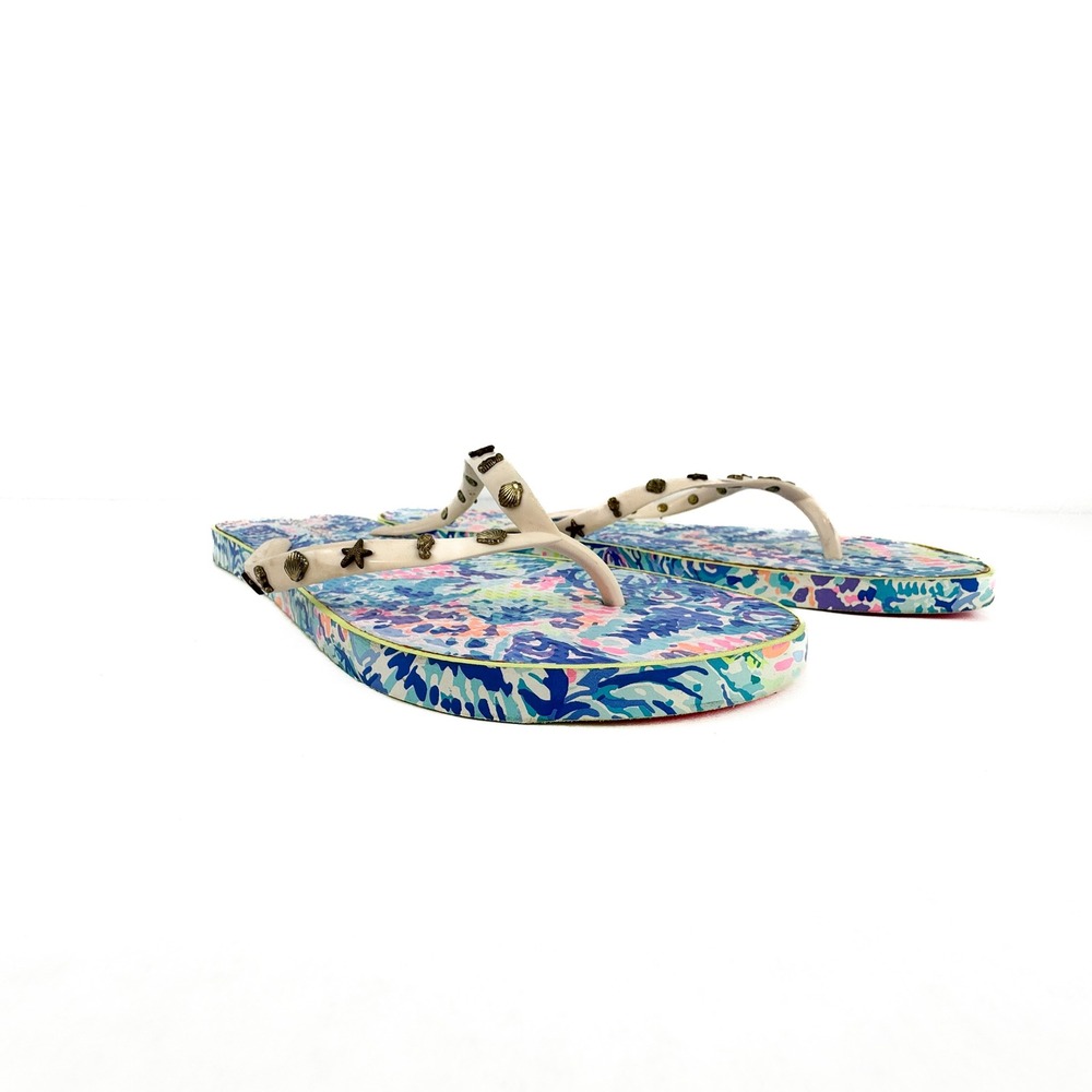 Lilly Pulitzer Nautical Charm Platform Flip Flops Blue Floral Wedge 9/10